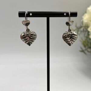 Vintage Puffy 3D Sterling Silver 925 Quilted Heart Dangle Earrings